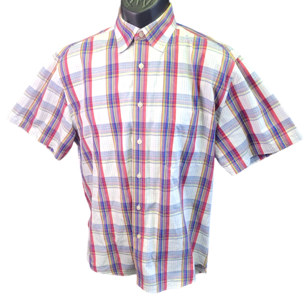 Alan Flusser‎ Plaid Button Down Short Sleeve Shirt sz M